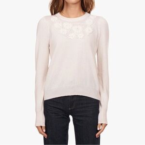 Autumn Cashmere Puff Sleeve Crew w/ Floral Hand Embroidery - Chalk